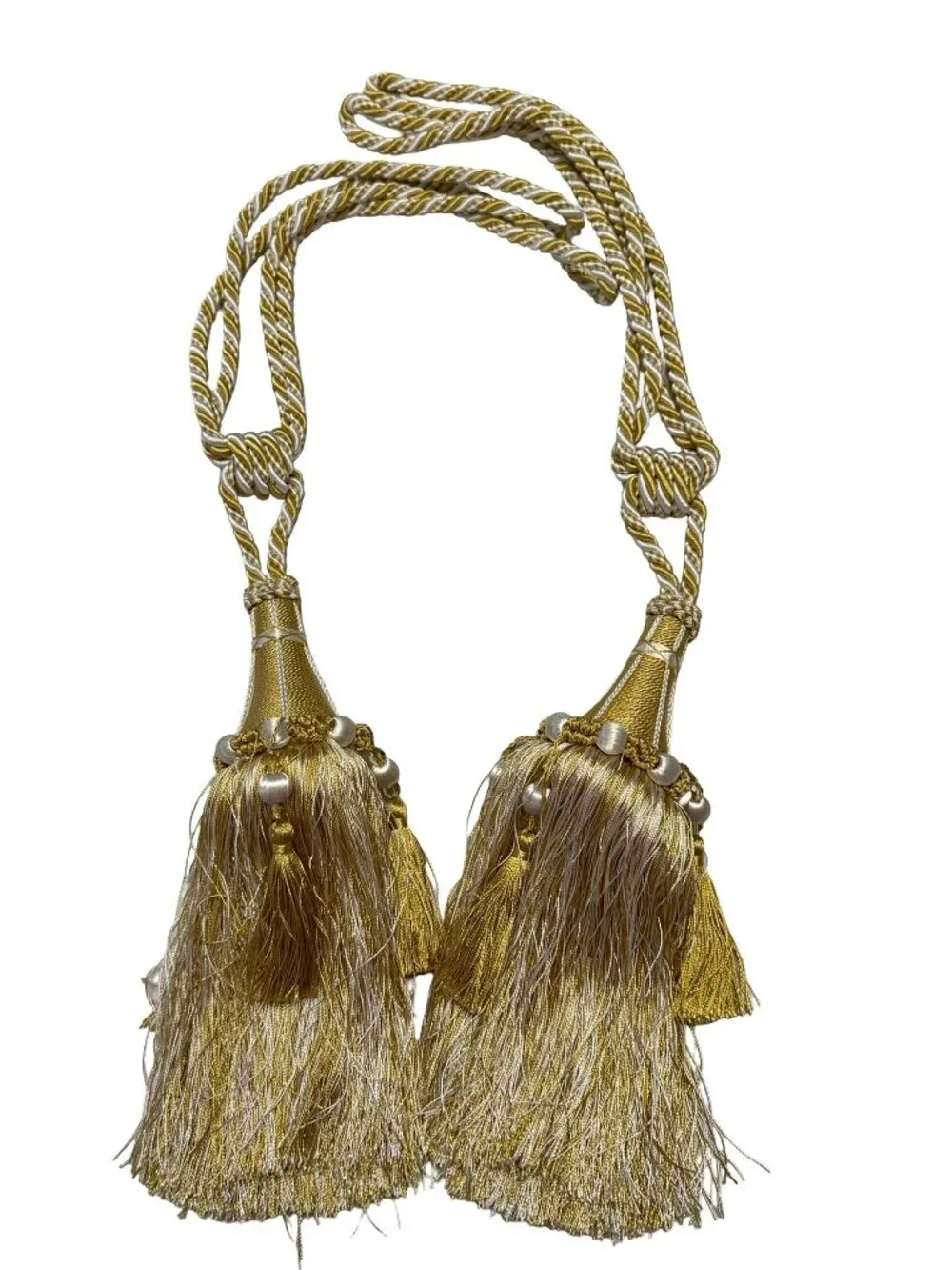 Vintage Gold Ivory Tassel Curtain Tiebacks Pair 27 Inch Ornate Drapery Decor